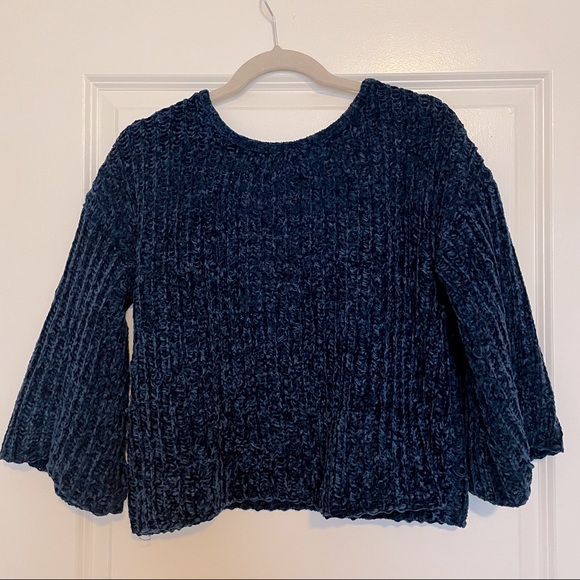 SAKS FIFTH AVENUE Navy Chenille Cropped Sweater 3/4 Sleeve Size XS - Picture 1 of 3